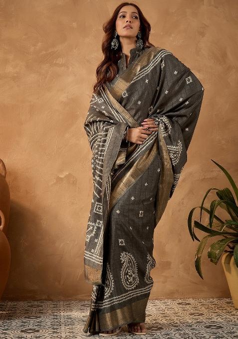 Charcoal Grey Printed Silk Blend Saree Set — view on Indya