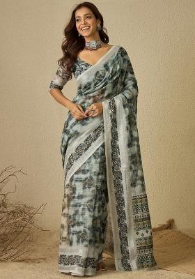 Grey Printed Linen Saree Set