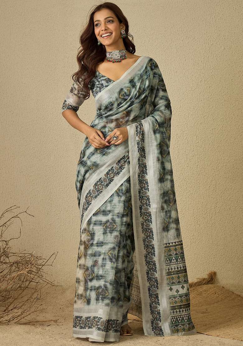 Grey Printed Linen Saree Set - Indya