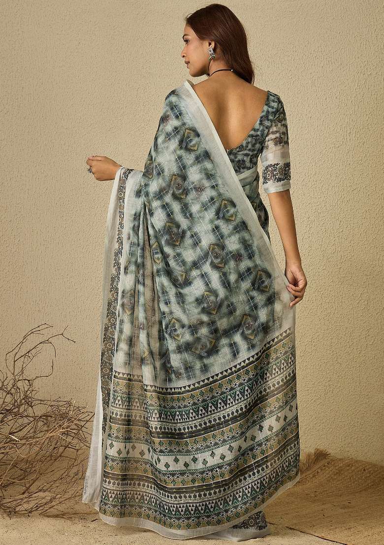 Grey Printed Linen Saree Set - Indya