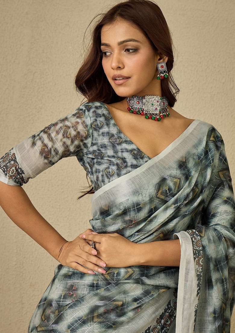 Grey Printed Linen Saree Set - Indya