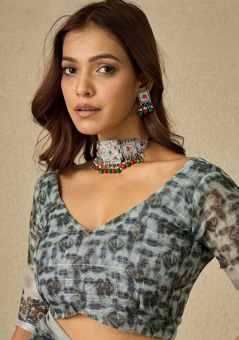 Grey Printed Linen Saree Set - Indya