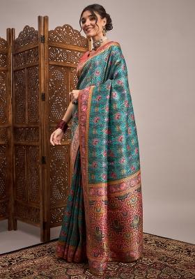 Light Blue Printed Viscose Silk Saree Set