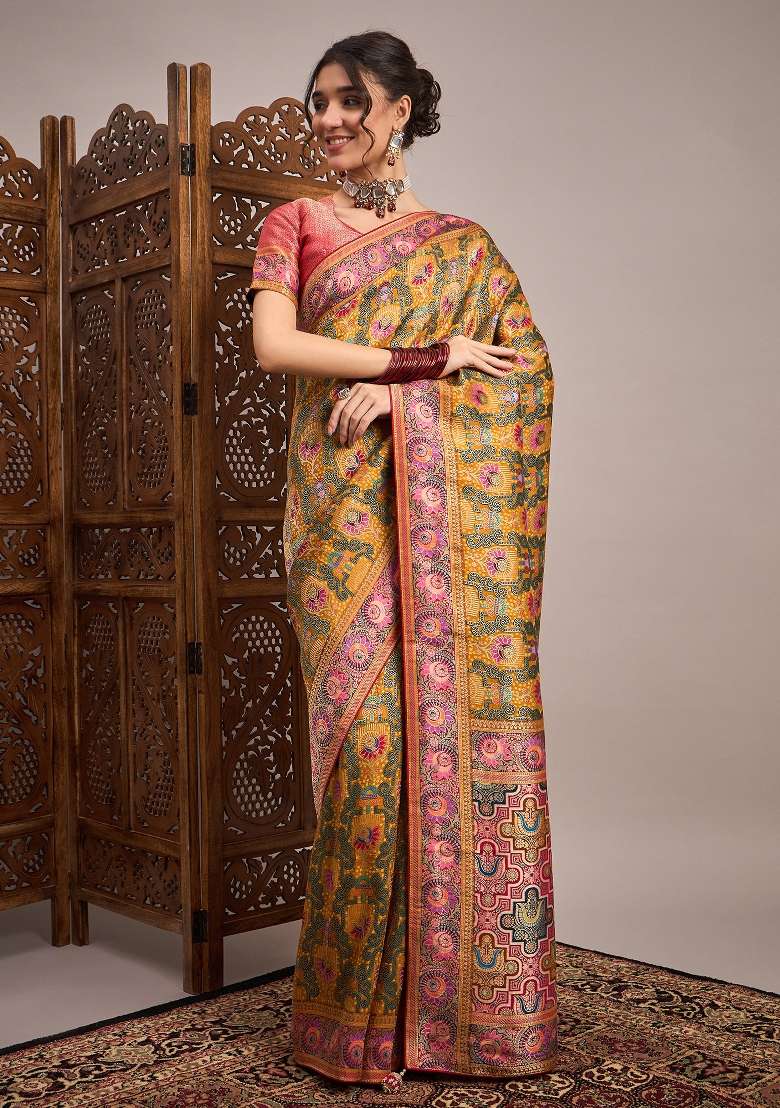 Mustard Printed Viscose Silk Blend Saree Set - Indya