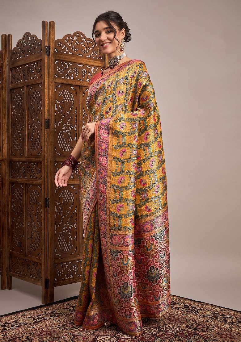 Mustard Printed Viscose Silk Blend Saree Set - Indya