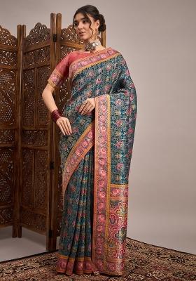 Teal Blue Printed Viscose Silk Saree Set