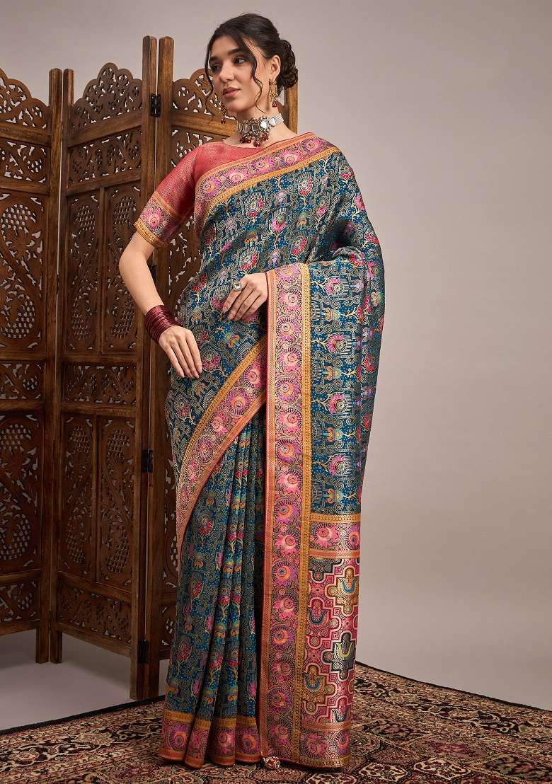 Teal Blue Printed Viscose Silk Blend Saree Set - Indya