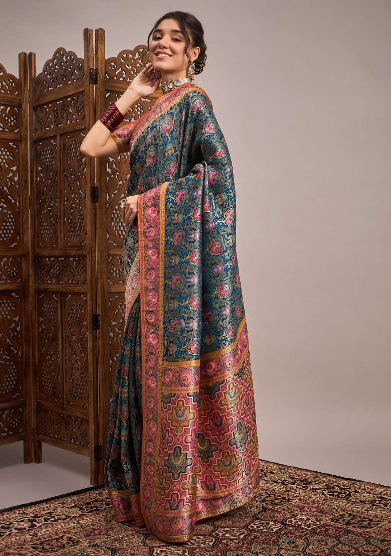Teal Blue Printed Viscose Silk Blend Saree Set - Indya