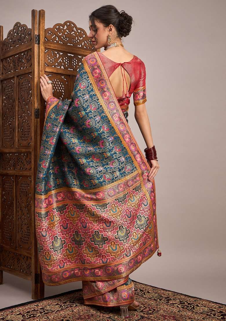 Teal Blue Printed Viscose Silk Blend Saree Set - Indya