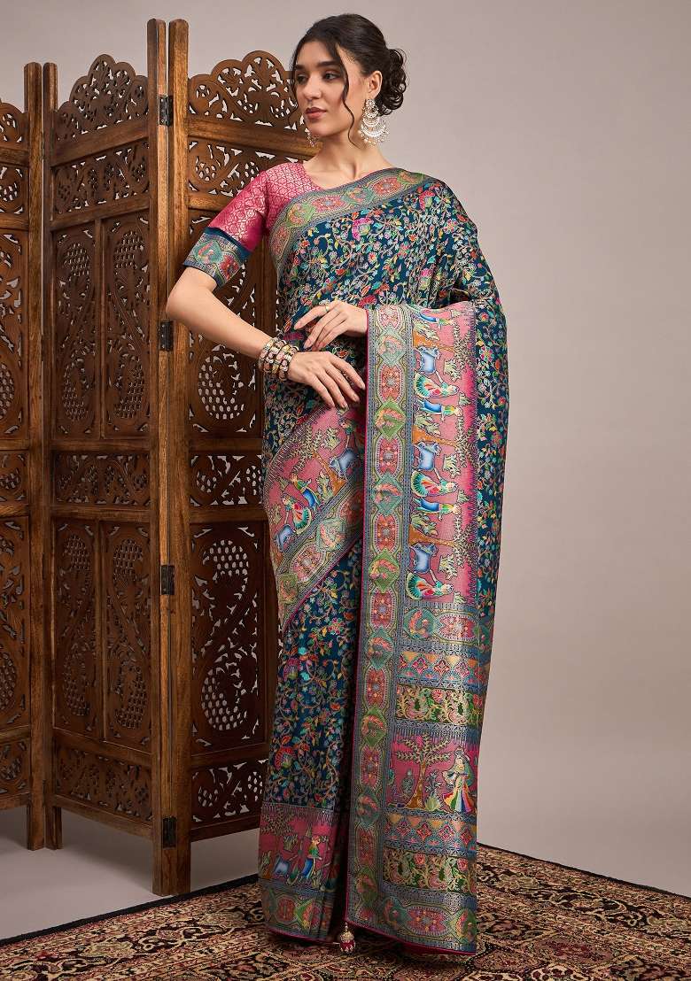 Teal Blue Printed Viscose Silk Blend Saree Set - Indya