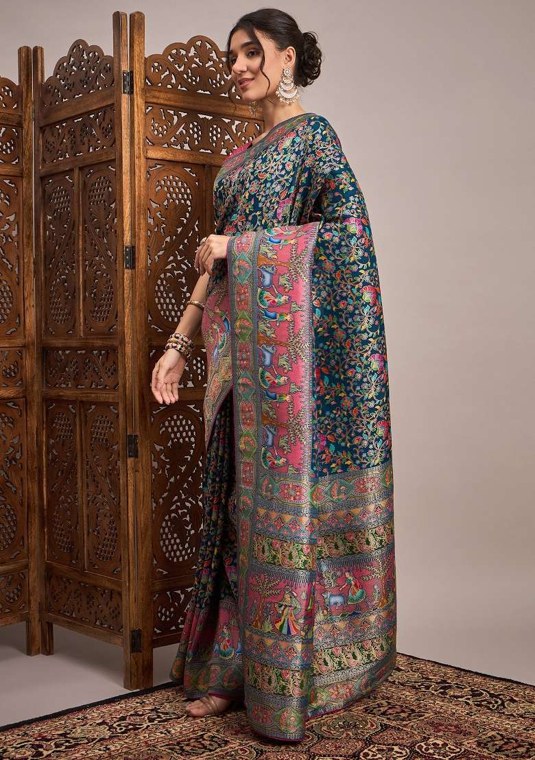 Teal Blue Printed Viscose Silk Blend Saree Set - Indya