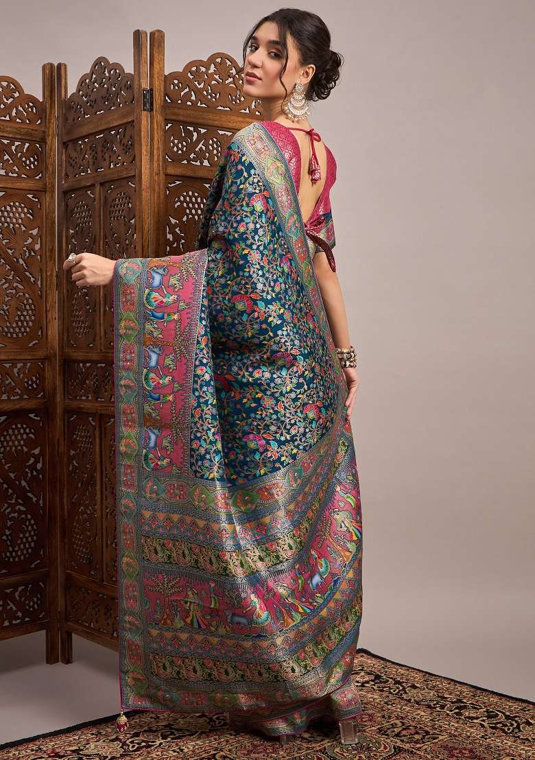Teal Blue Printed Viscose Silk Blend Saree Set - Indya
