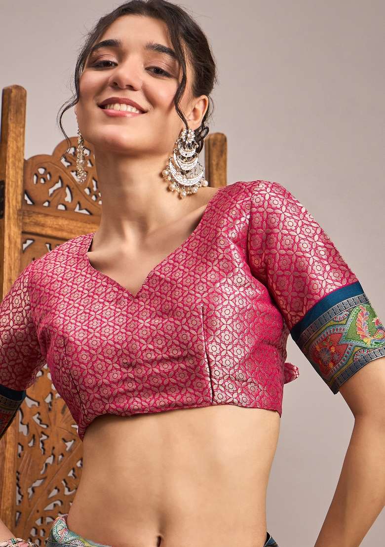 Teal Blue Printed Viscose Silk Blend Saree Set - Indya