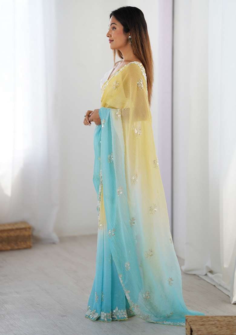 Yellow Printed Chiffon Saree Set for Diwali and Festive Wear - Indya
