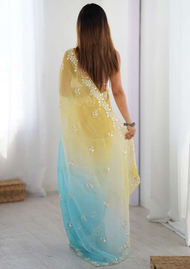 Yellow Printed Chiffon Saree Set for Diwali and Festive Wear - Indya