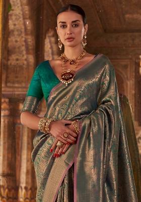 Teal Green Printed Silk Blend Saree Set