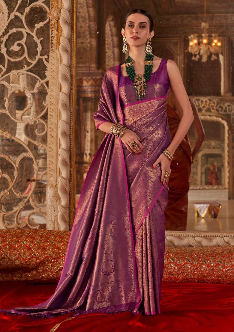 Magenta Printed Silk Blend Saree Set - Indya