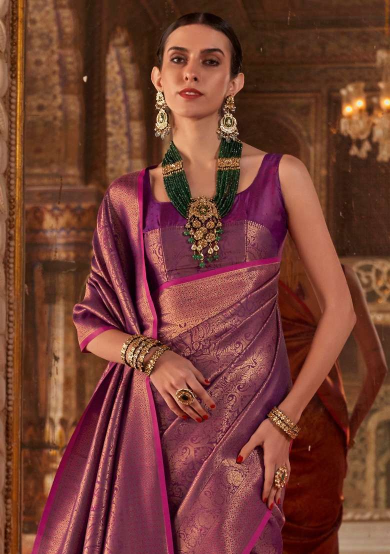 Magenta Printed Silk Blend Saree Set - Indya