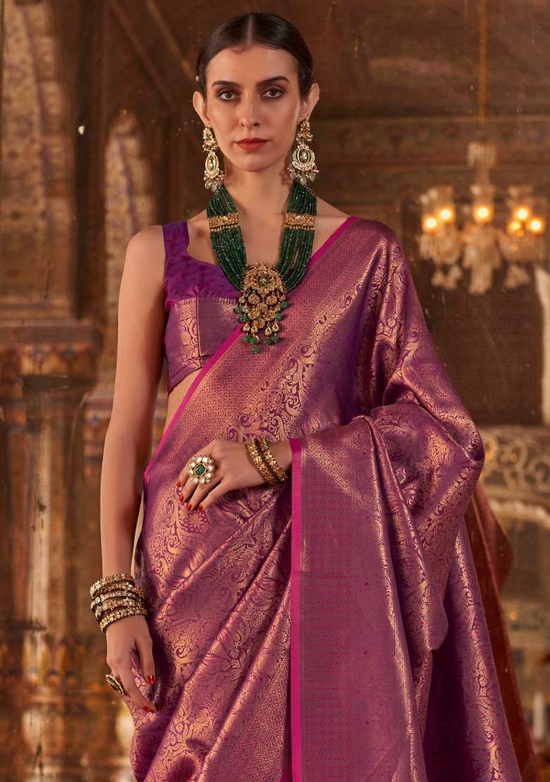 Magenta Printed Silk Blend Saree Set - Indya