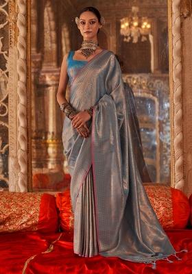 Light Blue Printed Silk Blend Saree Set