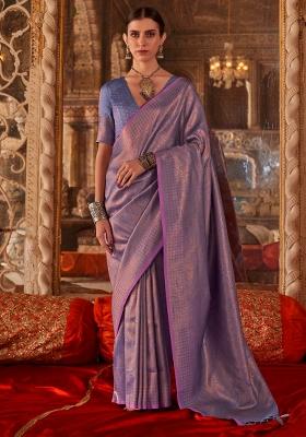 Lavender Printed Silk Blend Saree Set