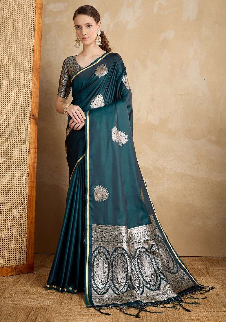 Teal Green Printed Satin Silk Blend Saree Set for Diwali and Festive Wear - Indya