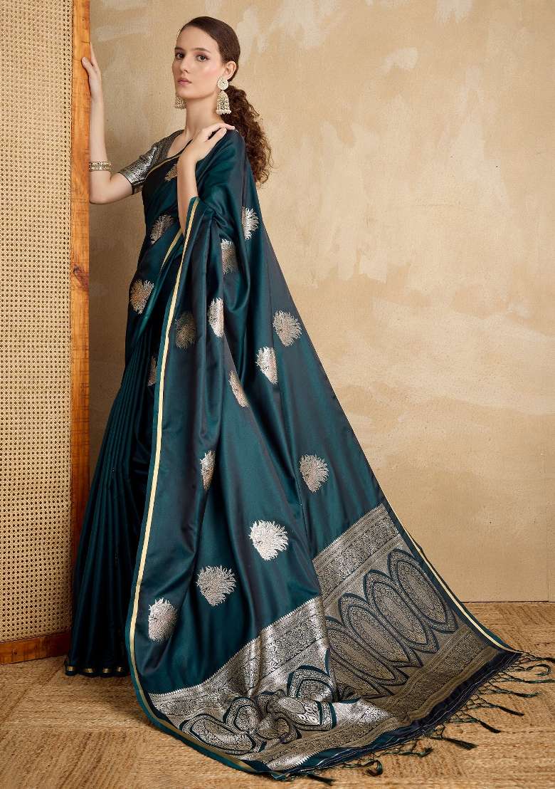 Teal Green Printed Satin Silk Blend Saree Set for Diwali and Festive Wear - Indya