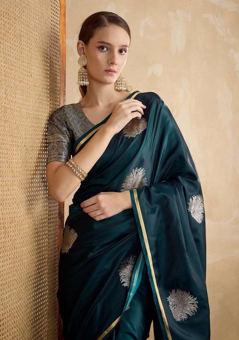 Teal Green Printed Satin Silk Blend Saree Set for Diwali and Festive Wear - Indya