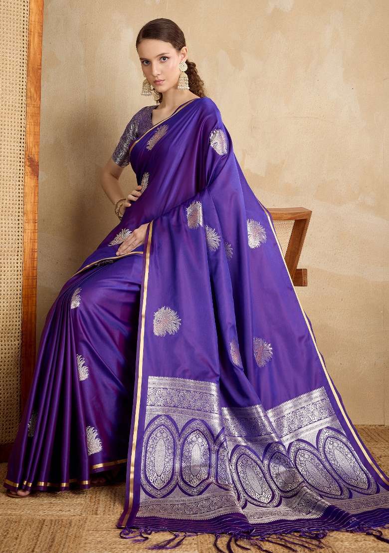 Purple Blend Satin Silk Saree Set with Printed for Diwali | Wedding & Festive Wear - Indya