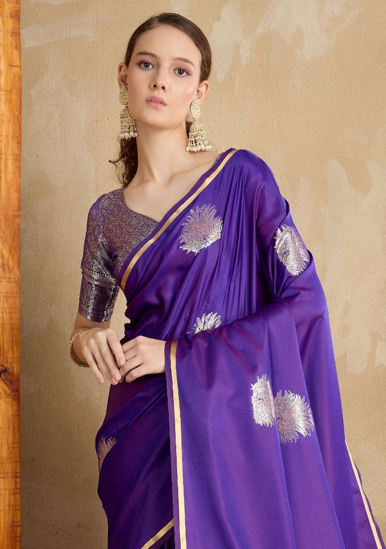Purple Blend Satin Silk Saree Set with Printed for Diwali | Wedding & Festive Wear - Indya