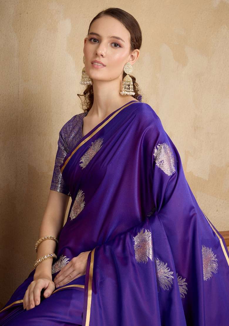 Purple Blend Satin Silk Saree Set with Printed for Diwali | Wedding & Festive Wear - Indya