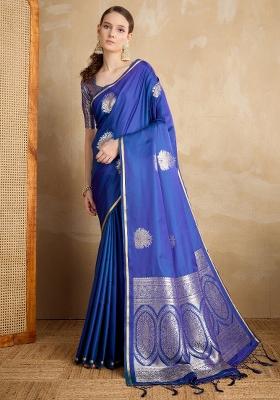 Dark Blue Printed Satin Silk Saree Set