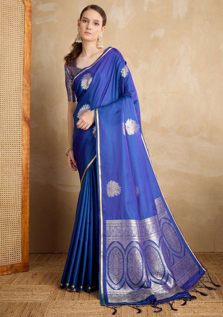 Dark Blue Printed Satin Silk Blend Saree Set - Indya