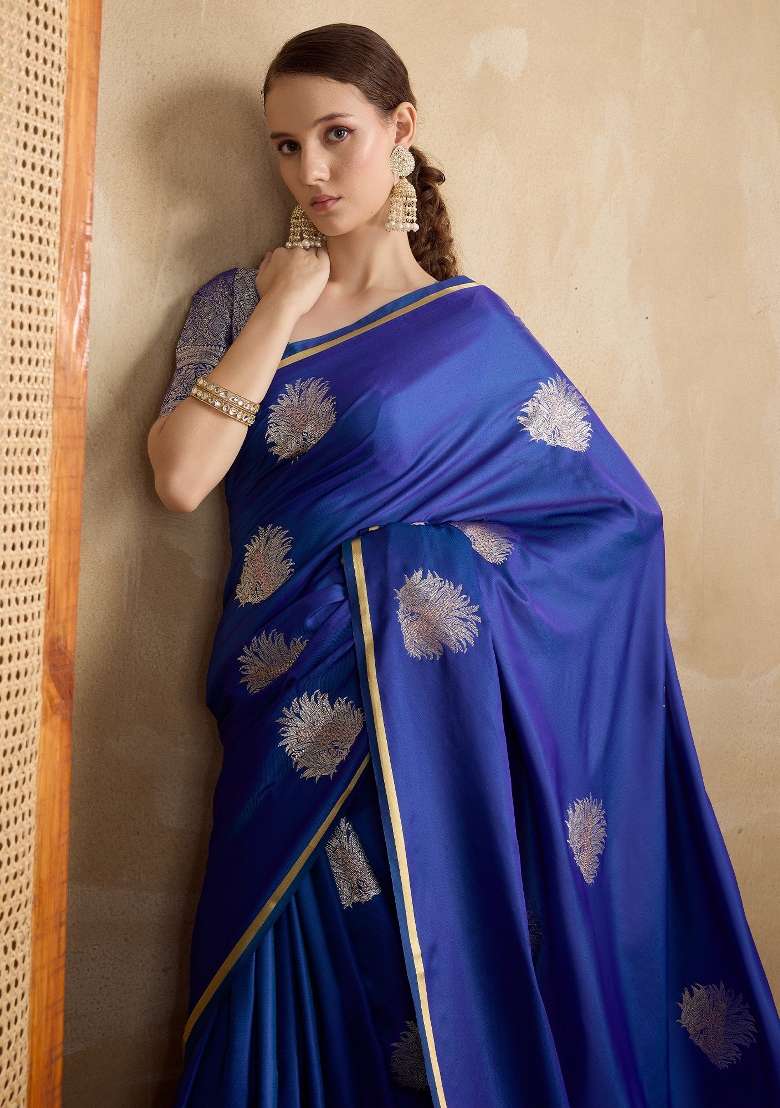 Dark Blue Printed Satin Silk Blend Saree Set - Indya