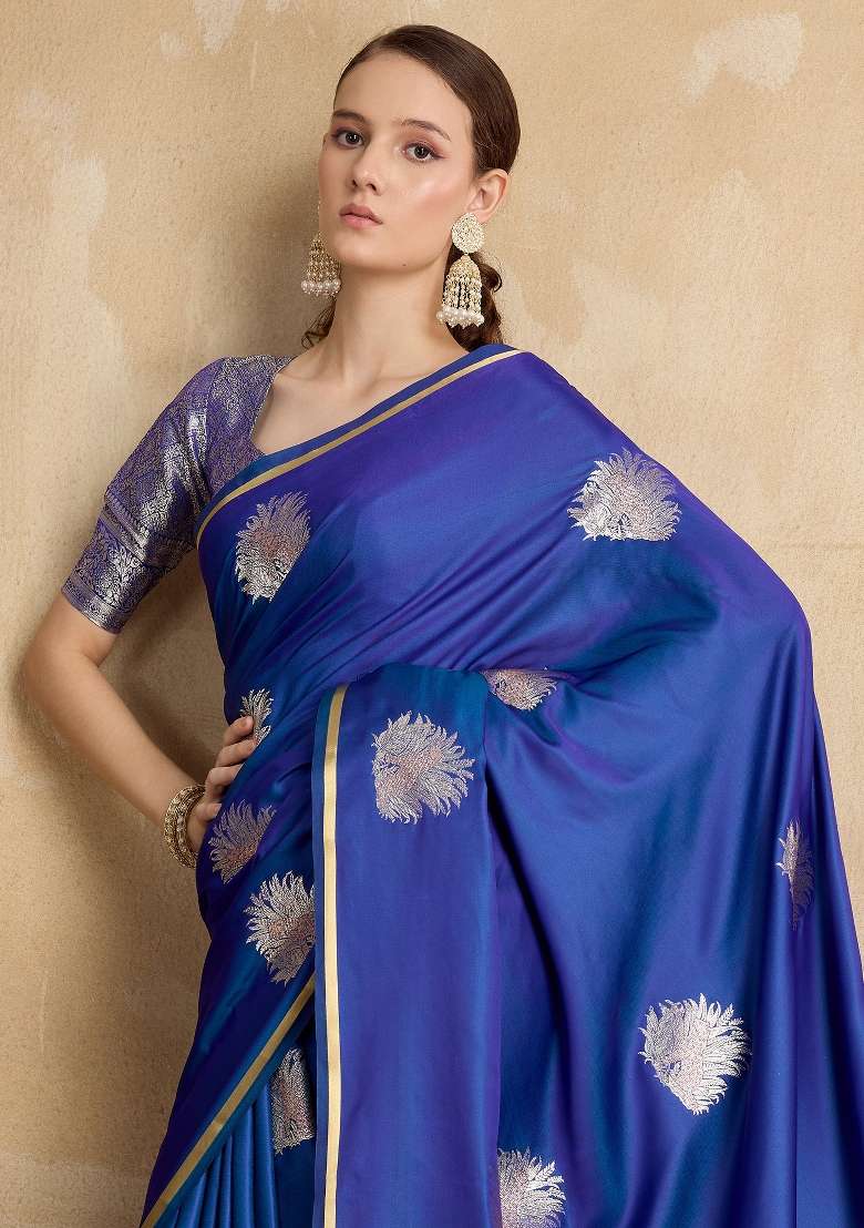 Dark Blue Printed Satin Silk Blend Saree Set - Indya