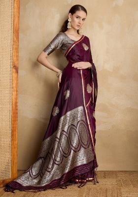 Burgundy Printed Satin Silk Saree Set