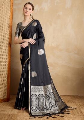 Black Printed Satin Silk Blend Saree Set