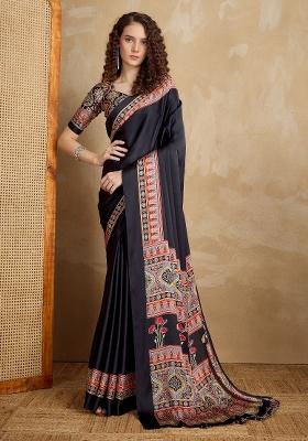 Black Printed Satin Saree Set