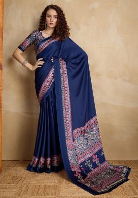 Navy Blue Printed Satin Saree Set