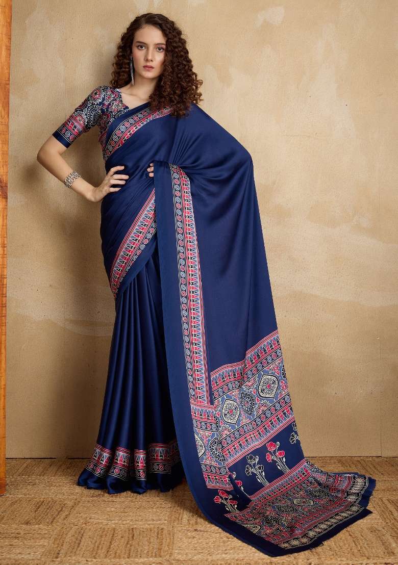 Navy Blue Printed Satin Saree Set for Diwali and Festive Wear - Indya