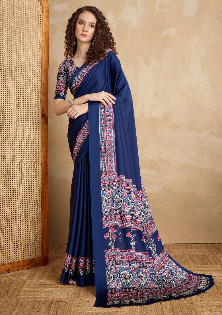 Navy Blue Printed Satin Saree Set for Diwali and Festive Wear - Indya