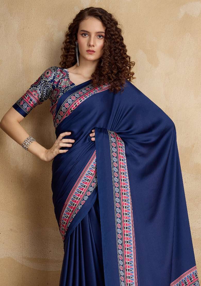 Navy Blue Printed Satin Saree Set for Diwali and Festive Wear - Indya