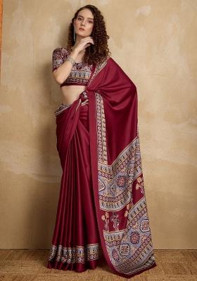 Maroon Printed Satin Saree Set