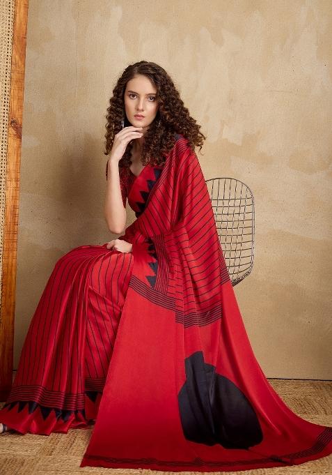 Red Printed Satin Saree Set — view on Indya