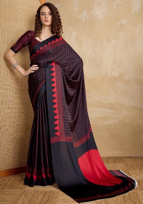 Black Printed Satin Saree Set