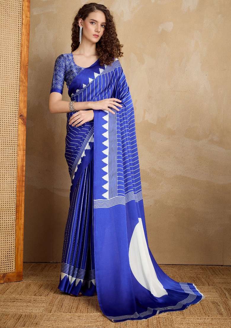 Navy Blue Printed Satin Saree Set - Indya