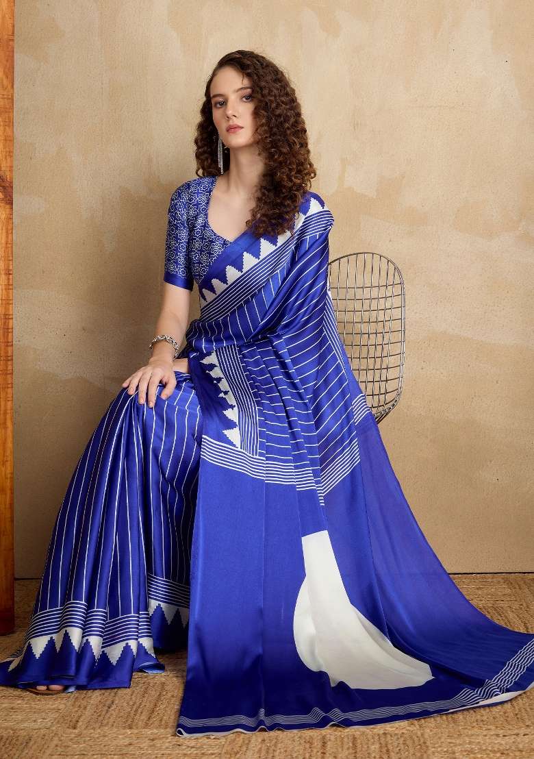 Navy Blue Printed Satin Saree Set - Indya