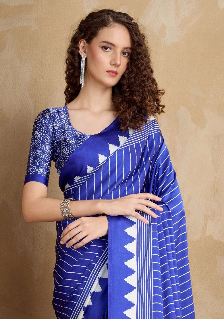 Navy Blue Printed Satin Saree Set - Indya