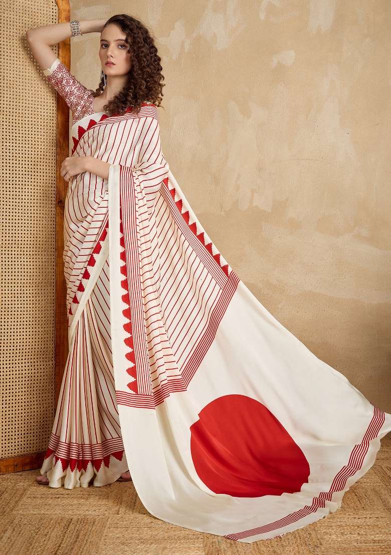 Cream Satin Saree Set with Printed for Diwali | Wedding & Festive Wear - Indya