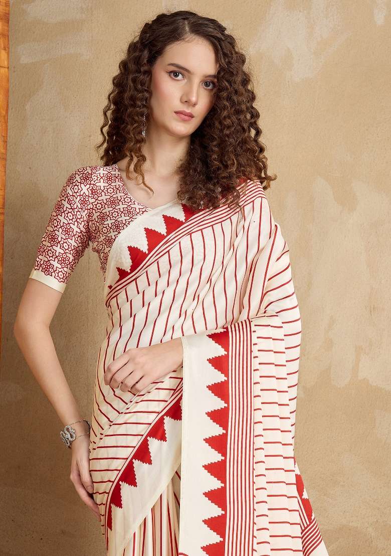 Cream Satin Saree Set with Printed for Diwali | Wedding & Festive Wear - Indya